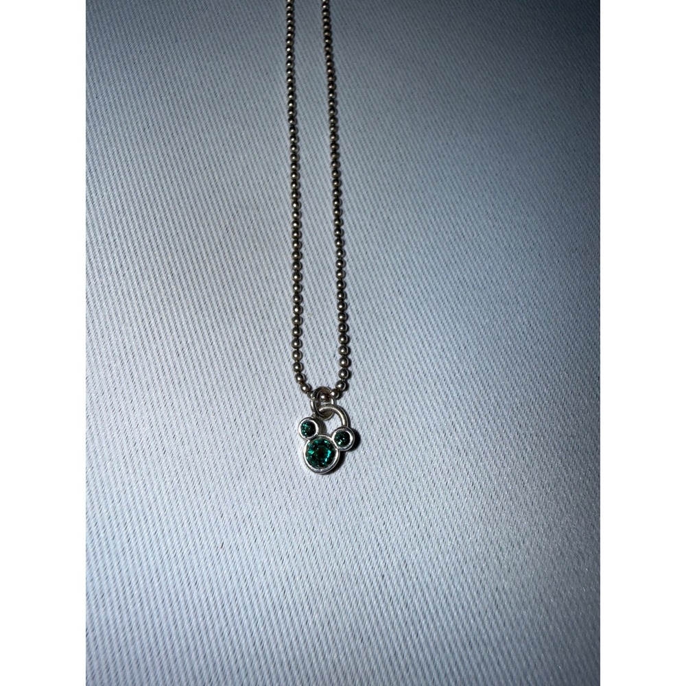 Disney Mickey Mouse Icon Green Rhinestone‎ Silver Tone Ball Chain Necklace
